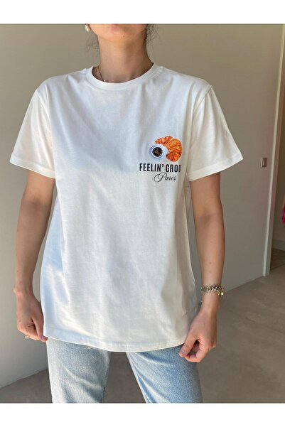 Bade Butik Tricou Ecru Feelin Groovy cu imprimeu