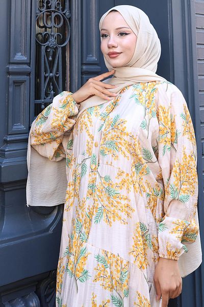 hafsamina Floral Printed Summer Dress Cream Hm2795