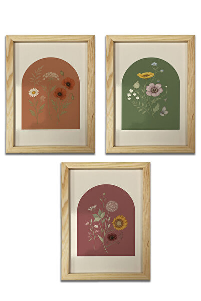 AND Ahşap Çerçeveli Çiçekler Temalı Tablo Üçlü MDF Poster Tablo Duvar Dekoru (21x30 cm)