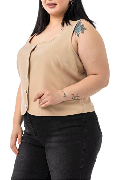 DISENTIS MODEST Plus Size Button Detailed Mink Blouse Vest
