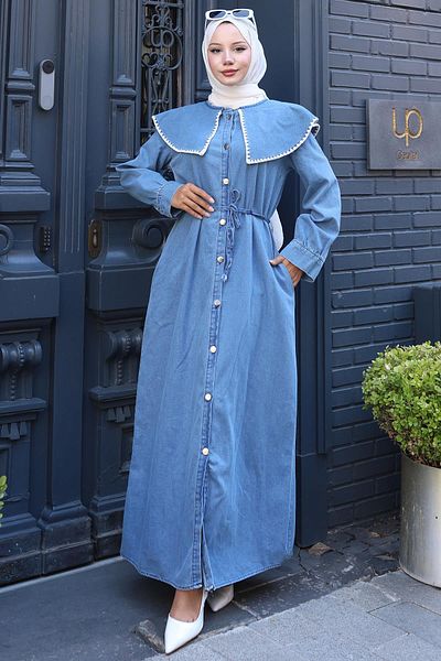hafsamina Collar Detailed Buttoned Length Jeans Dress Hm2772 Light Blue