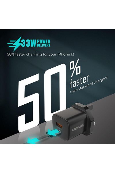 Promate Gan Usb-c Charger With 33w Usb-c Power Delivery Port And 22.5w Qc 3.0 Port, Powerport-33