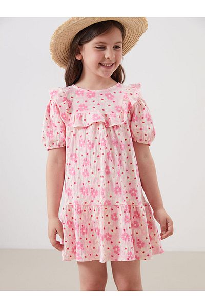LC Waikiki New Season Floral Crinkle Ruffle Girl's Dress - S5Dr38Z1
