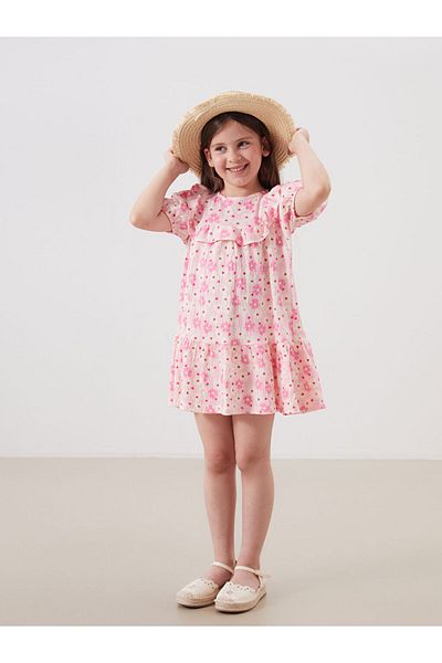 LC Waikiki New Season Floral Crinkle Ruffle Girl's Dress - S5Dr38Z1