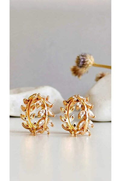 RSB Bijuteri Küpe Halka Zirkon Taş Altın Kaplama 316 L Çelik + Hediye Paket