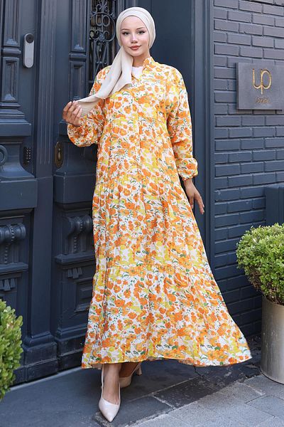 hafsamina Floral Printed Modal Dress Yellow Hm2794