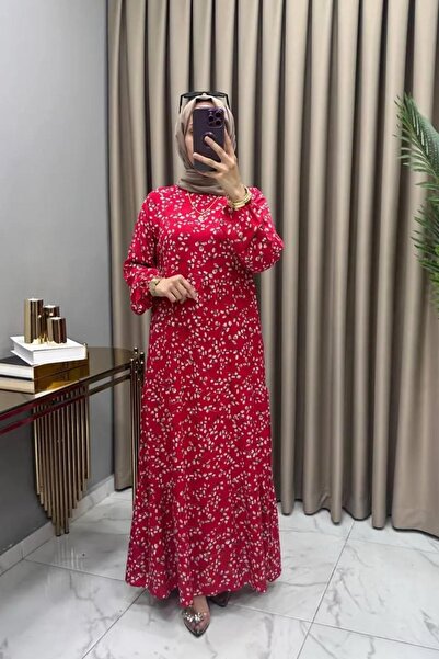 Hürrem فستان نوركان من قماش الفيسكون للنساء، فستان حجاب مزين بنقشة زهور حمراء...
