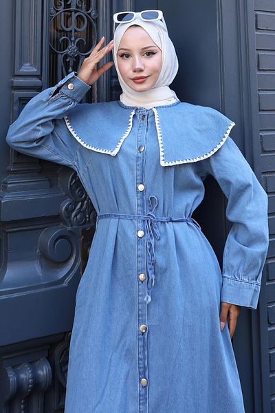 hafsamina Collar Detailed Buttoned Length Jeans Dress Hm2772 Light Blue