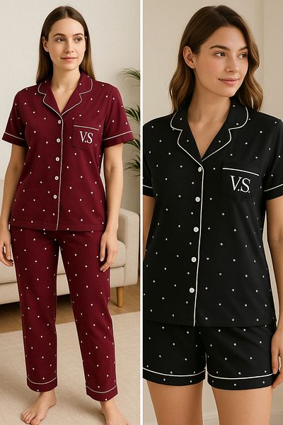 FENZO Women's 2-Piece Star Printed Cotton Viscose Pajamas Set Comfortable Homewear