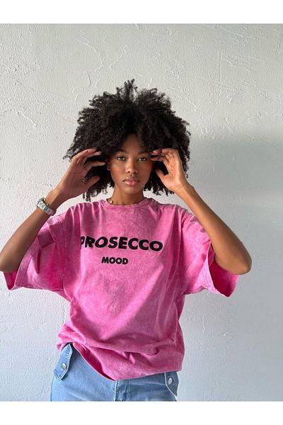 Pulli Collection Тениска с щампа „Prosecco Mood“ с голям размер - розова
