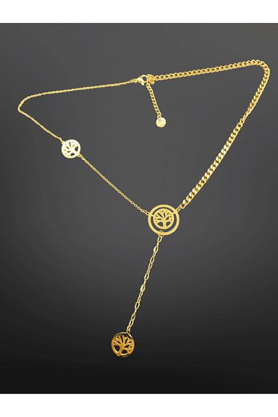 FM Minimal Gold Color Tree of Life Themed 316L Steel Y-Necklace - Meaningful and Stylish Chain Detail
