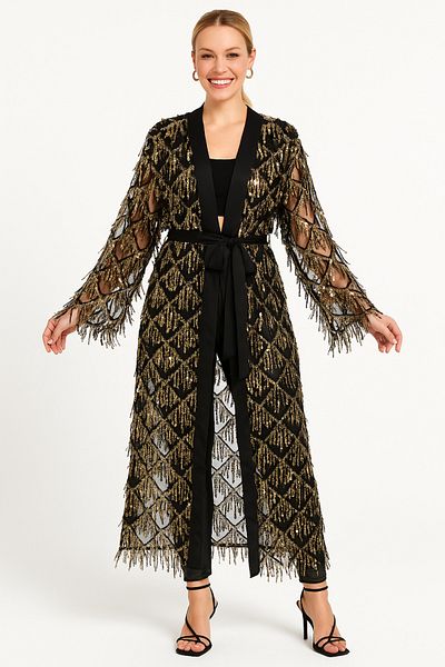 Cherry Lane Gold Sequin Detailed Tulle Kimono