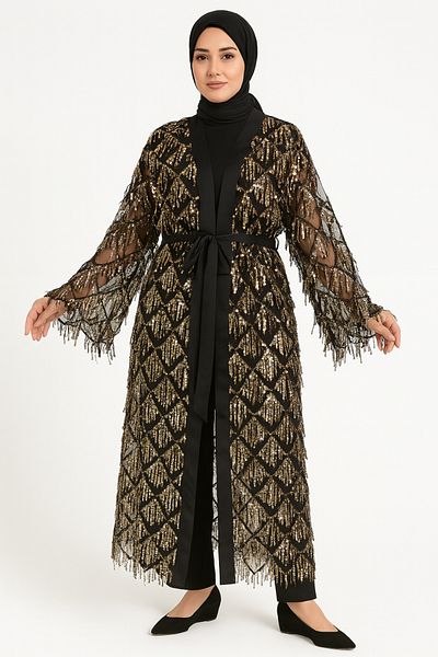 Cherry Lane Gold Detailed Sequin Sequin Hijab Kimono