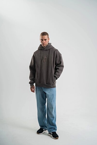 MODA Hanorac unisex cu mânecă lungă, lavabil, brodat - afumat