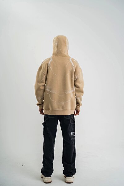 Flexium Double Oversize Hooded Lightning Panel Printed Sweatshirt - Beige
