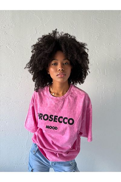 Pulli Collection Тениска с щампа „Prosecco Mood“ с голям размер - розова