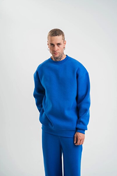 Genel Markalar Uzun Kol Bisiklet Yaka Basic SweatShirt - Mavi