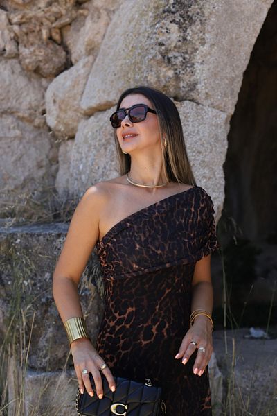 bytugcekaya Black Leopard Pattern One Shoulder Maxi Tulle Dress