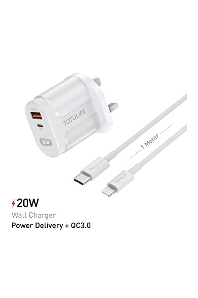 TOTUDESIGN شاحن حائط PD من سلسلة PURE + كابل PD C-L - أبيض