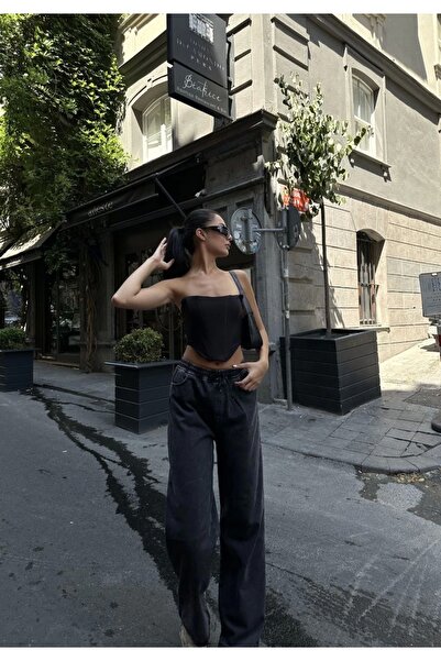 ALPACO Ekşi̇oğlu Global High Slit Jeans Denim Palazzo Pants - Black