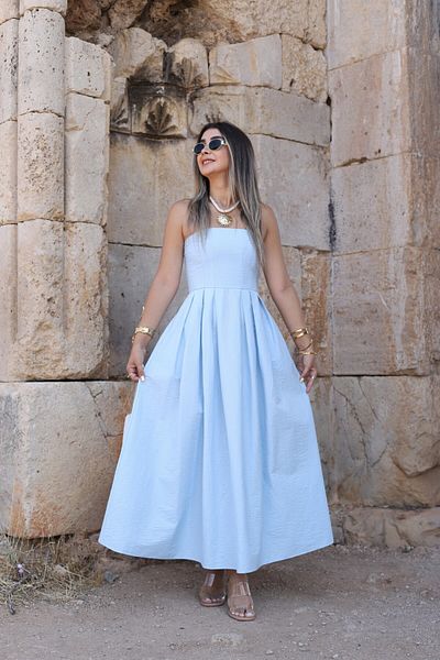 bytugcekaya Baby Blue Strapless Pleated Dress