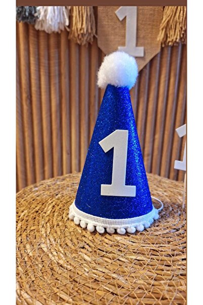 asöy 1 Yaş Şapka Mama Sandalyesi Duvar Flaması Mavi One 1 Yaş Partisi 3 lü Set Flama