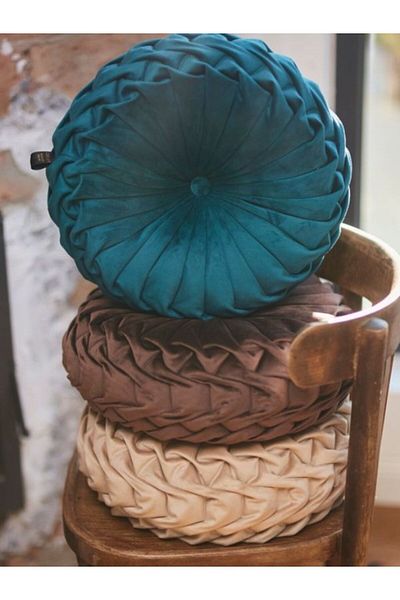OEM Round Puffet Decorative Pillow in Dark Green Velvet, Hand-Sewn, 38 cm diameter