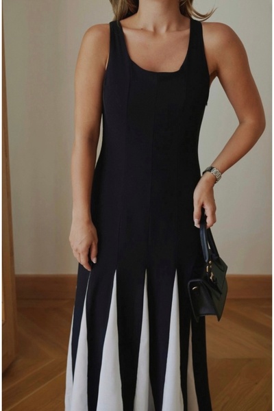 BRTC design Дамска черна рокля от лен с пачуърк и цветни блокове