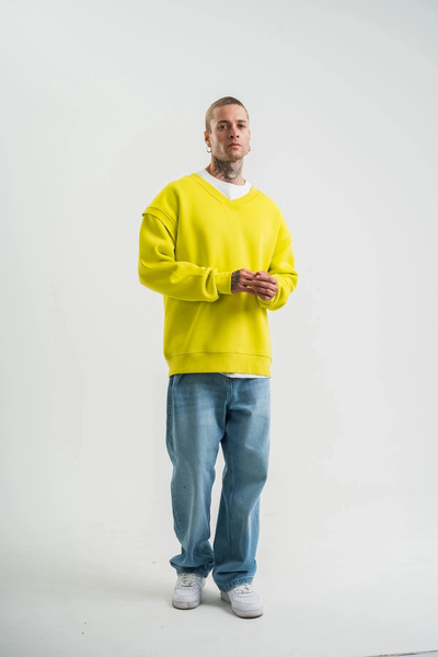 MODA Суитшърт с широк V-образен ръкав и ребра - Жълт