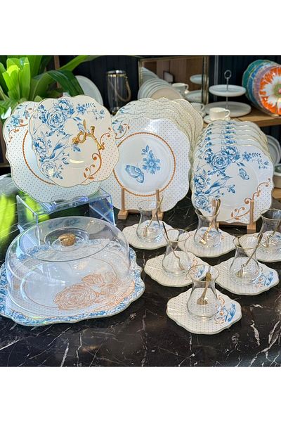Onedekor 34 Piece Blue Gold Gilded Cake Tea Serving Set for 6 People