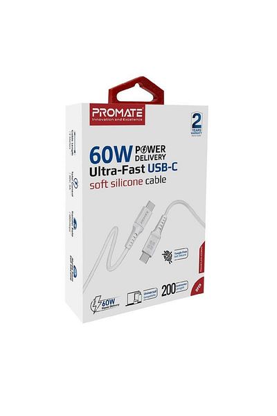 Promate USB-C Cable, Fast-Charging USB-C to Type-C Cable with 60W Power Delivery White