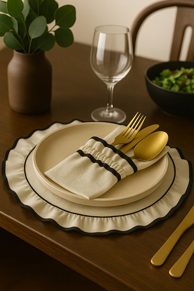 Mirilliahome Set de veselă cu 12 bucăți de răchită albă brută – Serviciu american cu volane și suport pentru tacâmuri/servetele