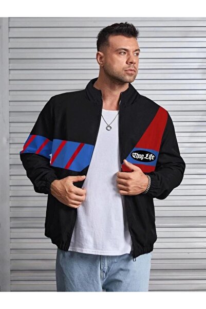 MODA Unisex Long Sleeve Zippered Printed Windbreaker - Black