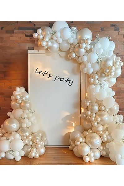 Çemrek Süs Parti Promise Engagement Birthday Aura Ivory White Retro White White Balloon Chain Set 100 Pieces