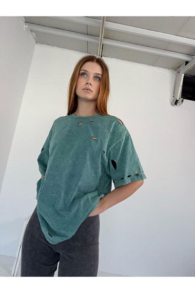 Pulli Collection Винтидж тениска с голям размер и разкъсани детайли - зелена