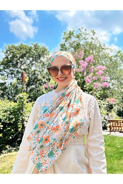 Modakaşmir Flora Pattern Bamboo Scarf - Orange - Green