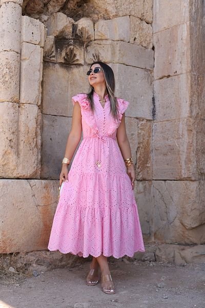 bytugcekaya Pink Ruffle Front Zero Sleeve Fisto Dress