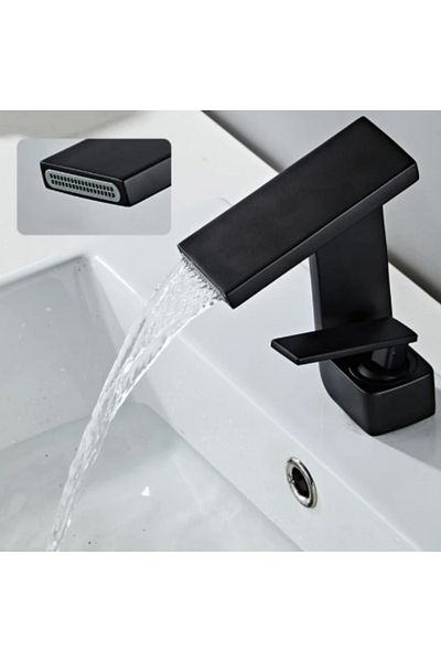 Adsinio Bathroom sink faucet, Adsinio, Waterfall outlet, short spout, fixed, single lever, Matte Black