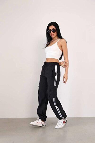 MODA Parachute Fabric Baggy Sweatpants with Cargo Pockets - Black