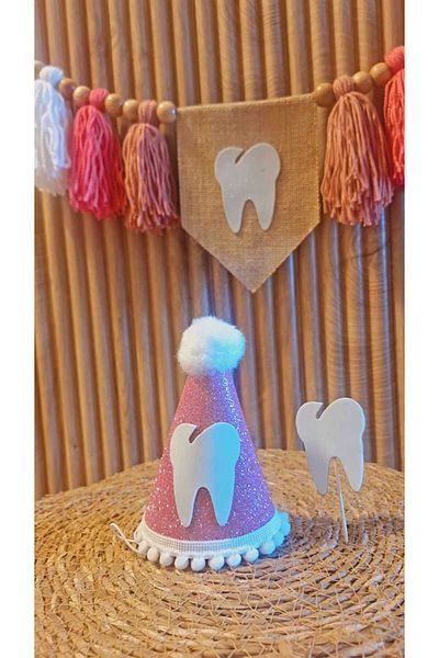 asöy قبعة Baby Tooth Out، كرسي طعام، علم حائط وردي اللون، مجموعة من 3 قطع، علم أول سن متساقط