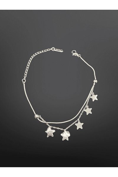 FM Silver Color Star Detailed Layered 316L Steel Bracelet - Shiny and Stylish Star Figured