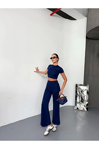 Euro Class Osy Modal Moale Texturat Tesatura Maneca Scurta Crop Bottom Pantal...