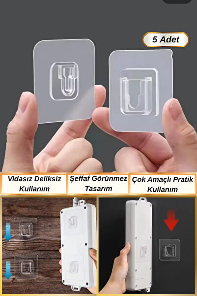 Hane Dostu 5 Adet Şeffaf ve Yenilikçi Tasarım Kendinden Yapışkanlı Geçmeli Eşya Sabitleme Askısı