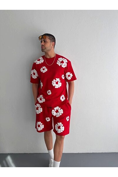 MODA Σετ μπλουζάκι με στάμπα από ύφασμα δύο κλωστών με σορτς - Κόκκινο