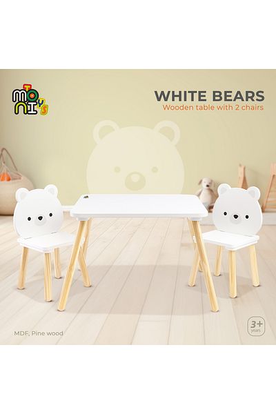 Moni Set Masă și 2 Scaune Copii Toys – Design Ursuleți Albi, Lemn , Ideal pentru Joacă