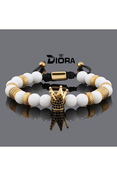 Belora Men's Bracelet with Stone Beads & Crown Charm, White with Gold color