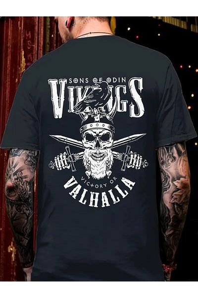 CVS 20/1 تي شيرت بياقة دائرية مطبوع عليه Viking Valhalla من القطن الممشط المضغوط الكبير الحجم - أسود