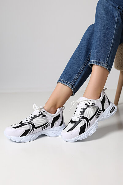 Encool Pantofi sport pentru femei, cu plasă albă, cu detalii negre, cu talpă înaltă – eleganti și confortabili