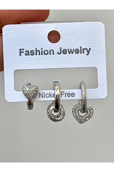 Twinssis Accessories 3-Piece Heart Model Silver Color Earring Set