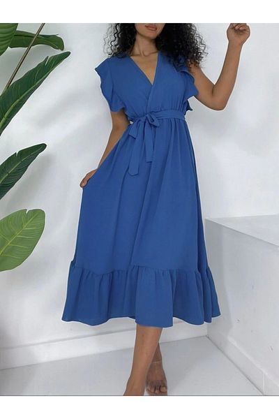 nedo7 Ruffled Shoulders Zero Sleeve Elastic Waist Lace-up Ayrobin Dress - Dark Blue